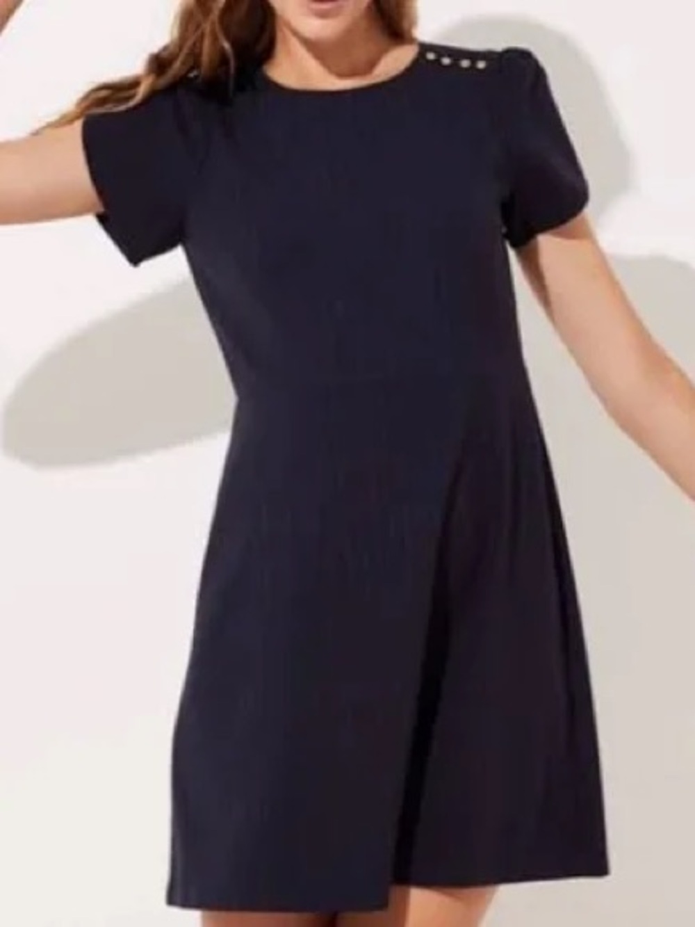 Loft Navy Pinstripe Tulip Sleeve A-Line Dress with Button Detail